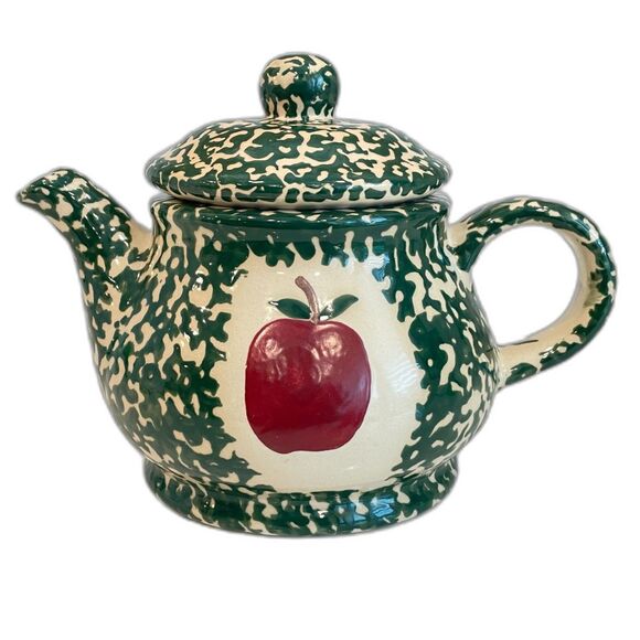 Classic Hand Painted Green Sponged Pottery Teapot with Red Apple in Center - Picture 1 of 12